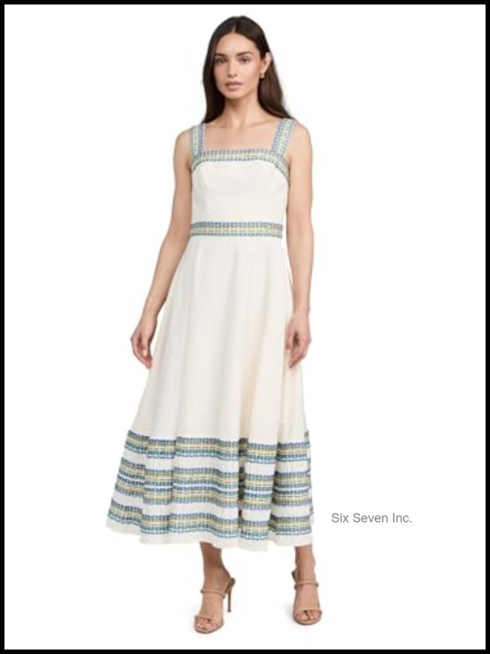 Shoshanna Embroidered A-Line Midi Dress Square Neck Sleeveless Cotton